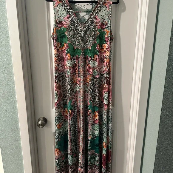 ONE WORLD Pink and Green Sleeveless V-Neck Maxi Gown  XL - Picture 5 of 5